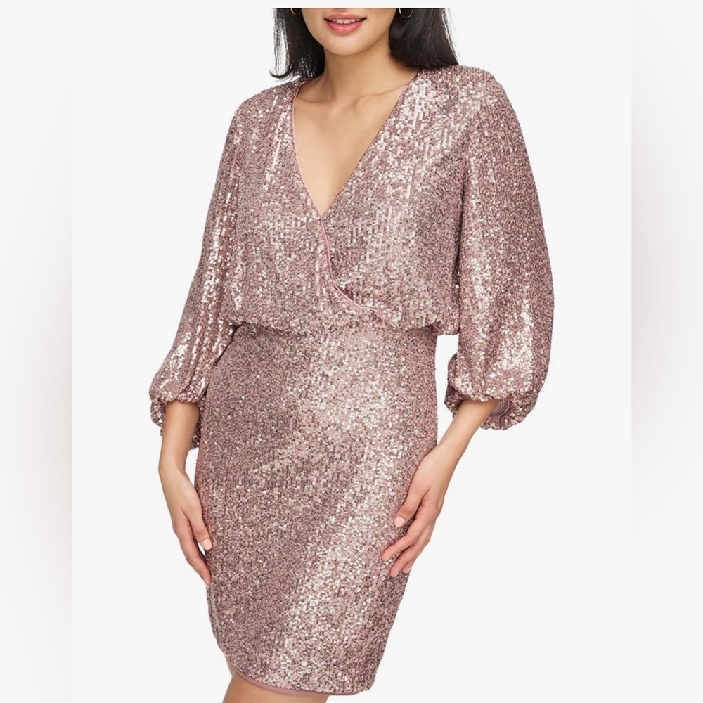 Eliza J NWT Rose Mauve Sequin Mini Blouson Dress with Balloon Sleeves- Size 6